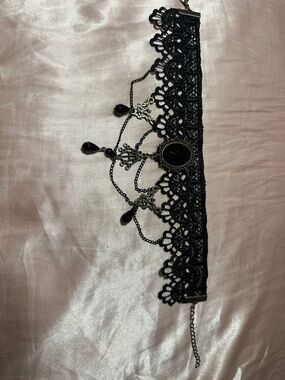 Black Lace Gothic Victorian Choker Necklace with Black Gem